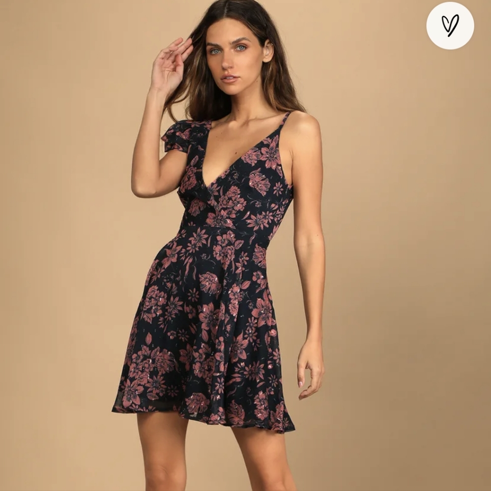 Lulus Cherish Every Moment Navy Blue Shine Floral Print Tie-Back Mini Dress XL